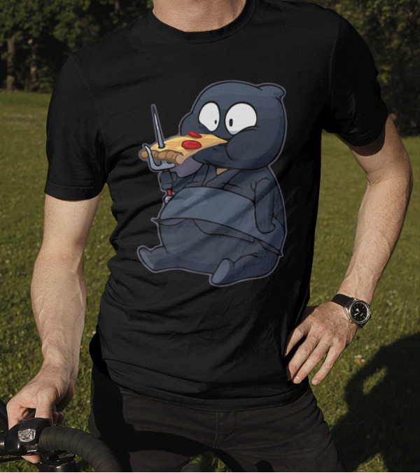 Funnny Fat Ninja Eating Pizza With Sword Quirky Dojo T-Shirt