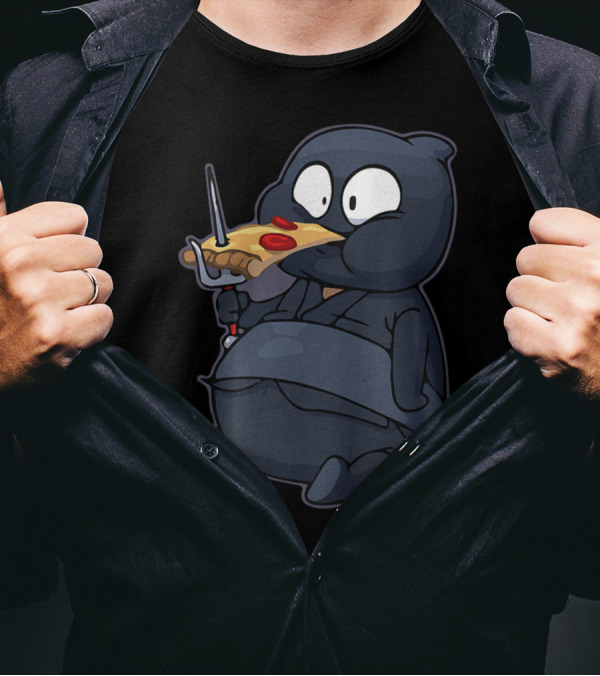 Funnny Fat Ninja Eating Pizza With Sword Quirky Dojo T-Shirt