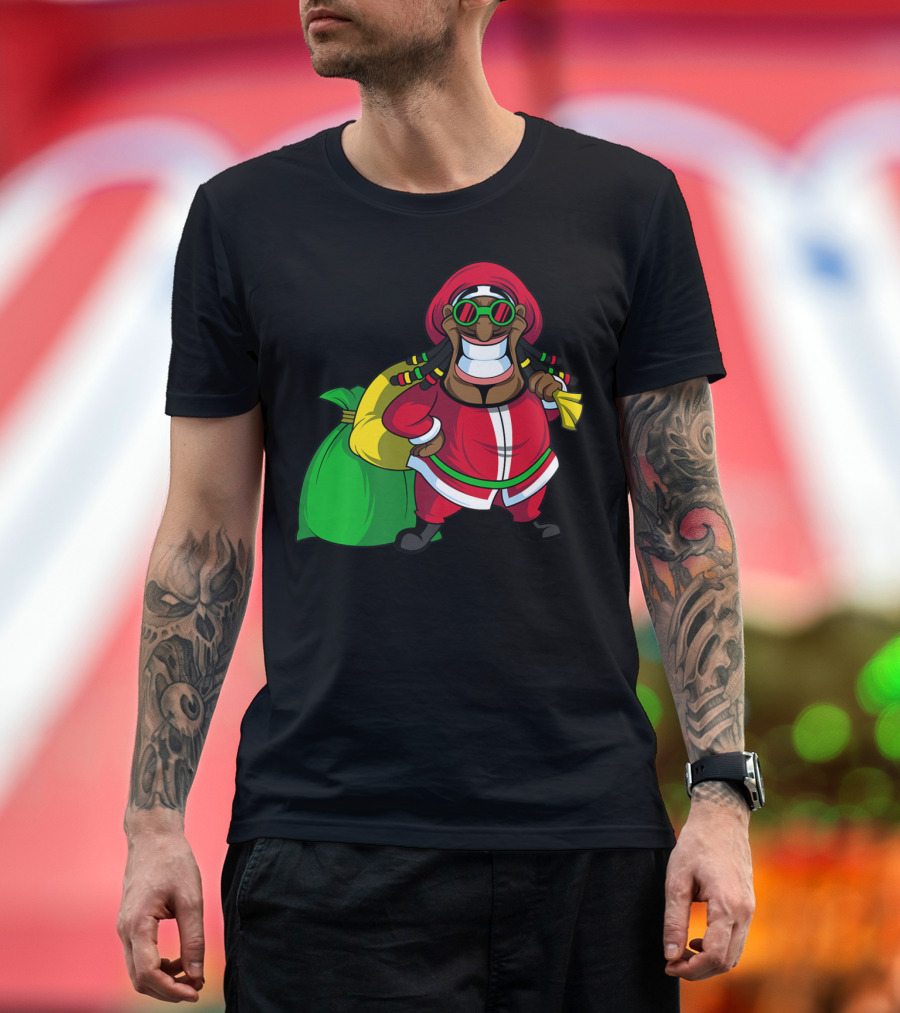 Funny Black Rastafarian Native Jamaican Santa with Gift Bag T-Shirt