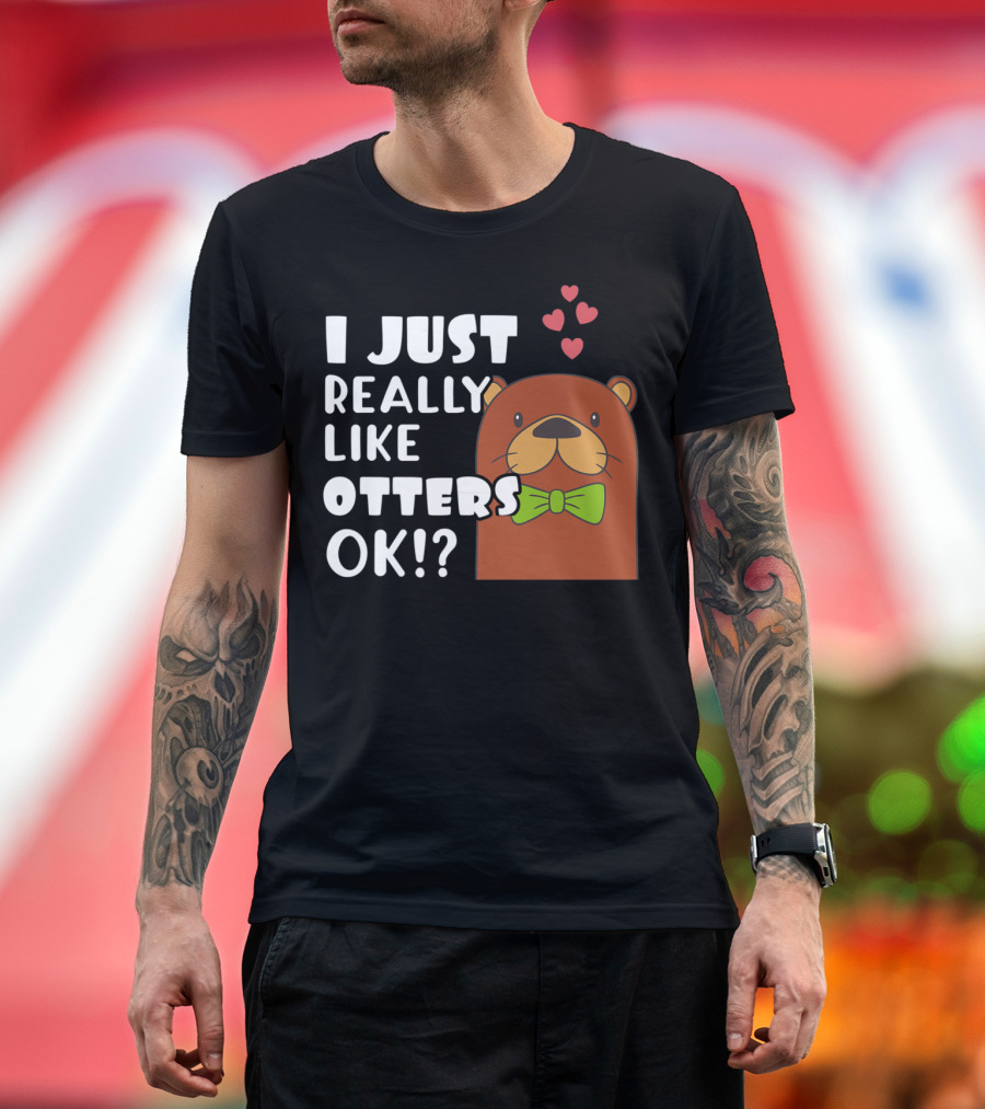I Just Really Like Otters Ok Cute Otter Hearts Green Bow Tie T-Shirt