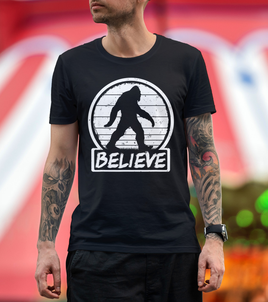 Believe Bigfoot Sasquatch Sunset Stripes T-Shirt