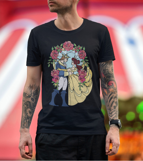 Premium T-Shirt: disney beauty and the beast stained glass roses and dancing couple T-Shirt disney beauty and the beast stained glass roses and dancing couple T-Shirt