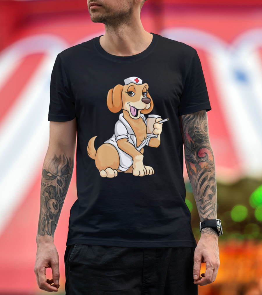 Funny Nurse Dog Drinking Coffee Smoking T-Shirt