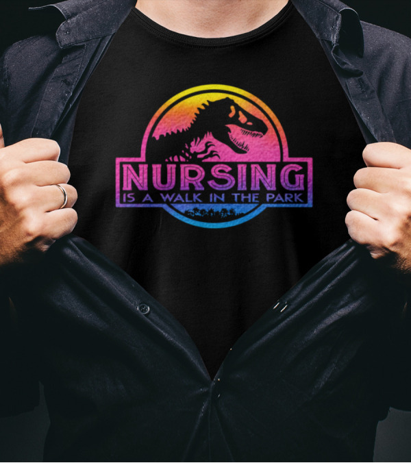 Nursing Is A Walk In The Park Dinosaur Rainbow Badge T-Shirt