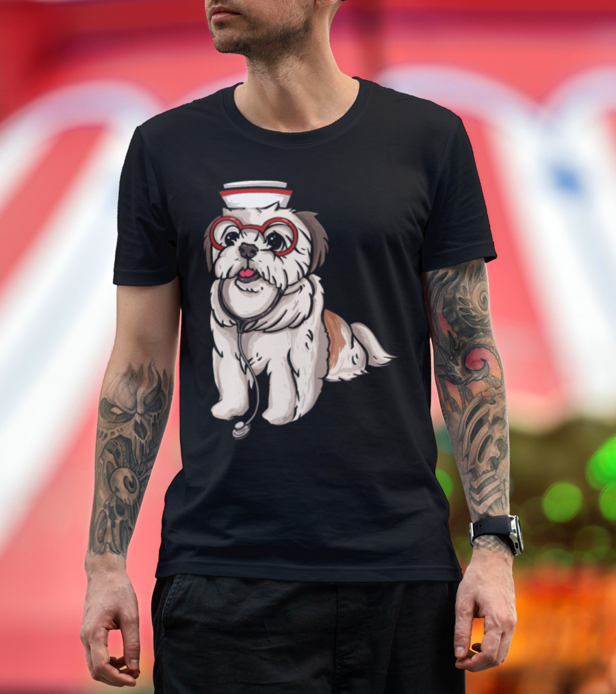 Shih Tzu Nurse with Heart Glasses and Stethoscope T-Shirt