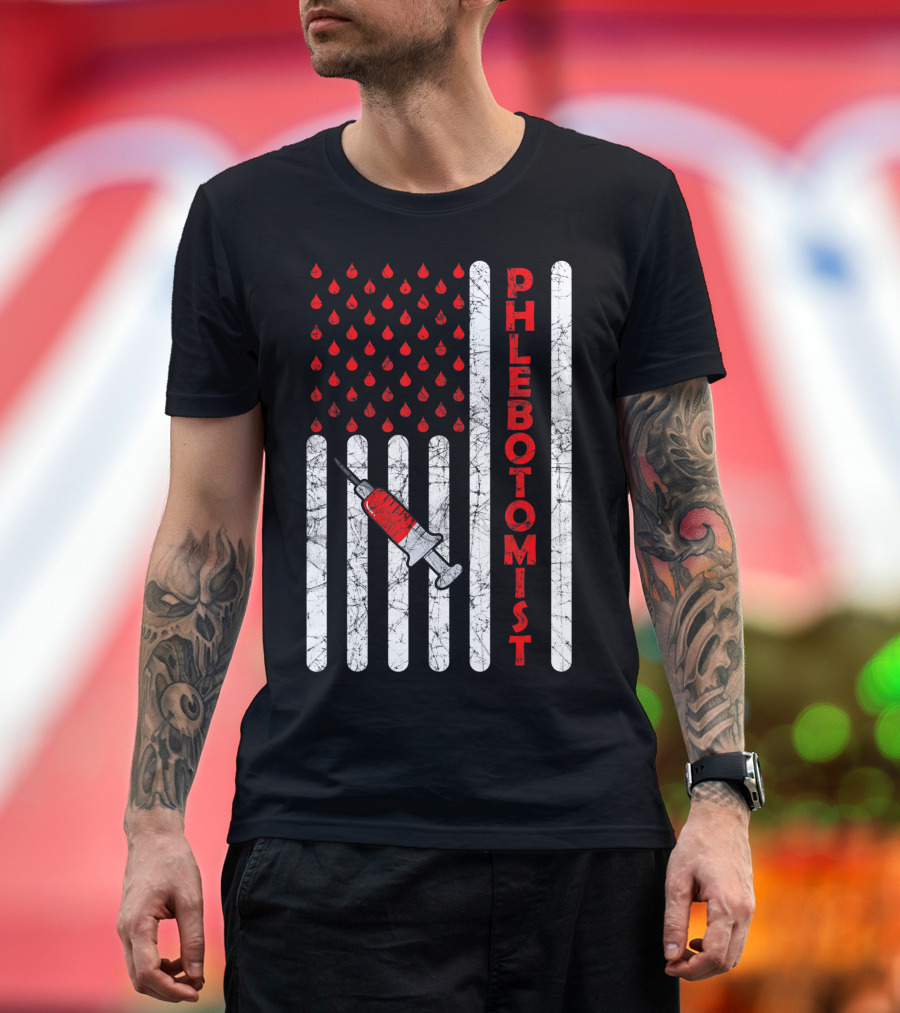American Flag Phlebotomist Syringe Blood Drops Patriotic Phlebotomy Nursing T-Shirt