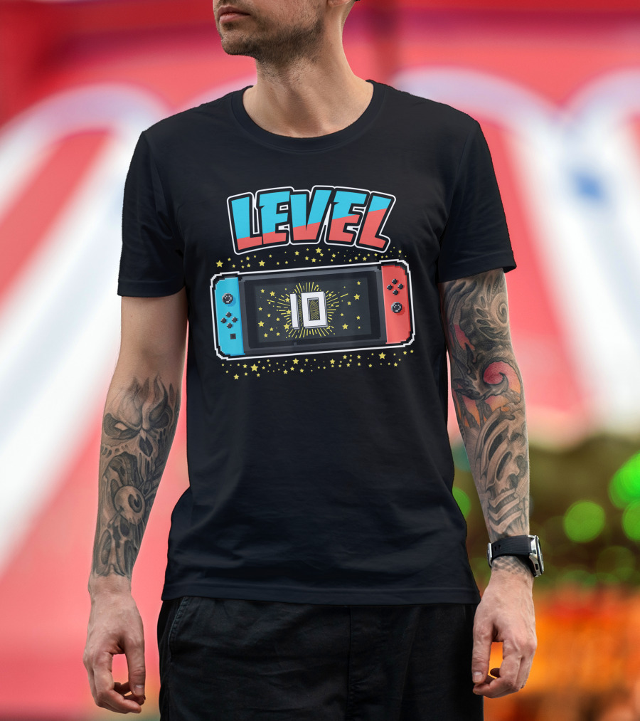 Level 10 Birthday Boy 10 Years Old Video Games with Stars and Game Console T-Shirt