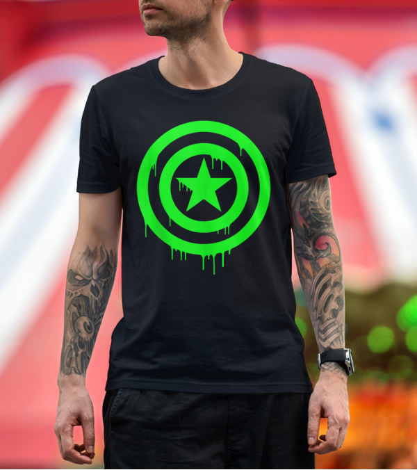 Premium T-Shirt: Marvel Captain America Shield Neon Green Dripping Star T-Shirt Marvel Captain America Shield Neon Green Dripping Star T-Shirt