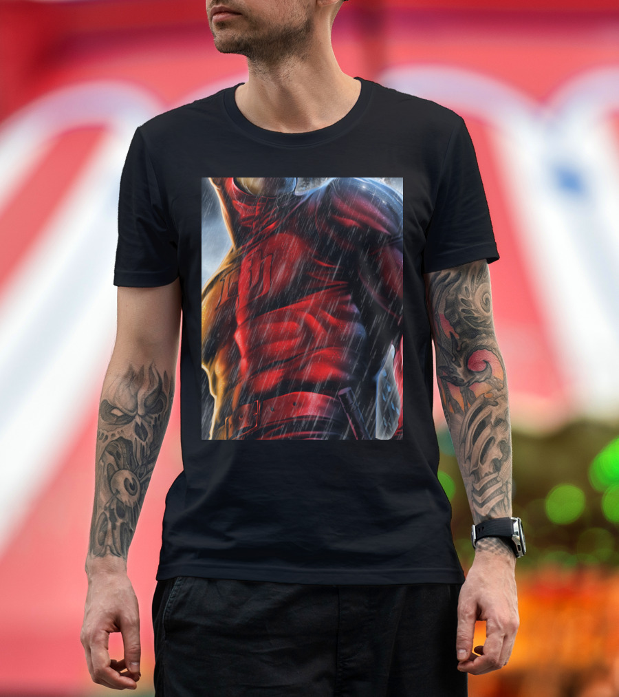 Marvel Daredevil Man Without Fear Epic Pose Red Costume in Rain T-Shirt