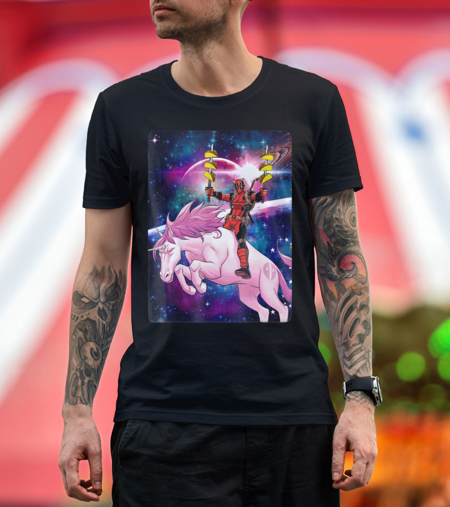Marvel Deadpool Riding Space Unicorn Holding Tacos T-Shirt