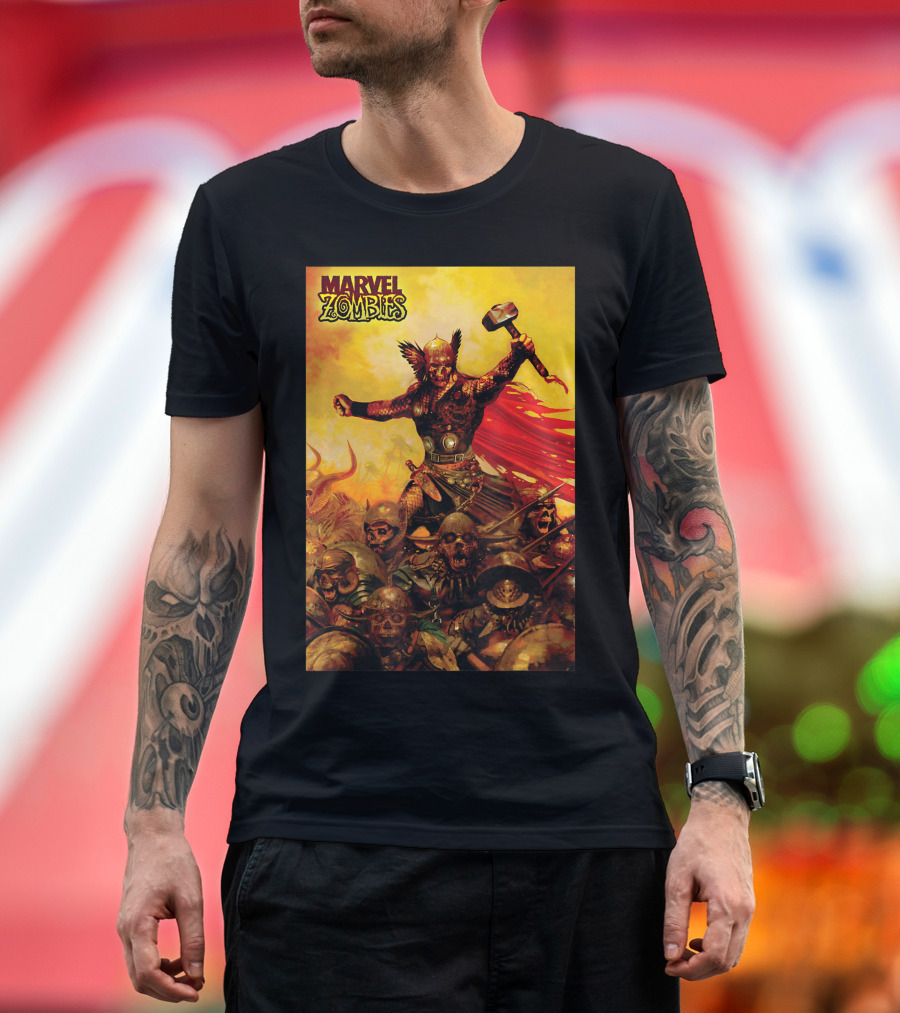Marvel Zombies Thor Zombie Mjolnir Undead Battle Scene T-Shirt