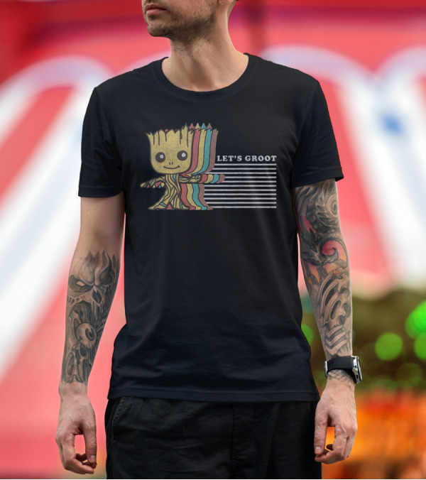 Premium T-Shirt: Marvel Guardians Of The Galaxy Let's Groot Retro Striped Character T-Shirt Marvel Guardians Of The Galaxy Let's Groot Retro Striped Character T-Shirt