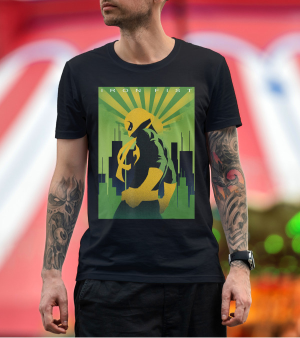 Premium T-Shirt: Iron Fist Marvel Art Deco Style with Cityscape T-Shirt Iron Fist Marvel Art Deco Style with Cityscape T-Shirt