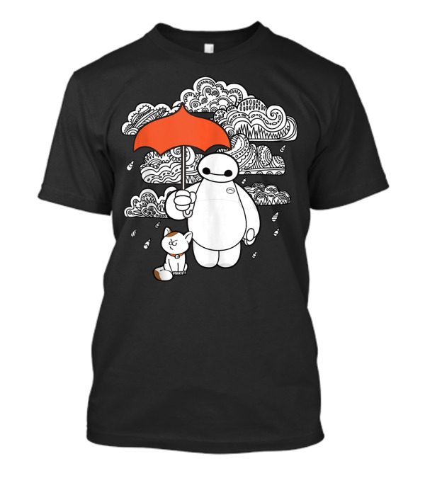 Disney Big Hero 6 Baymax With Orange Umbrella And Mochi In Black And White Patterned Clouds T-Shirt