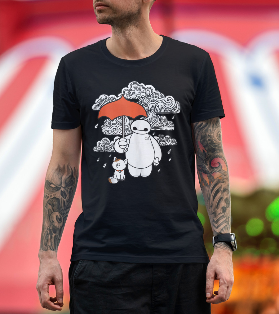 Disney Big Hero 6 Baymax with Orange Umbrella and Mochi in Black and White Patterned Clouds T-Shirt
