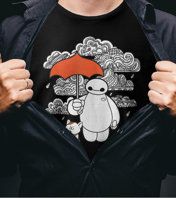 Disney Big Hero 6 Baymax With Orange Umbrella And Mochi In Black And White Patterned Clouds T-Shirt