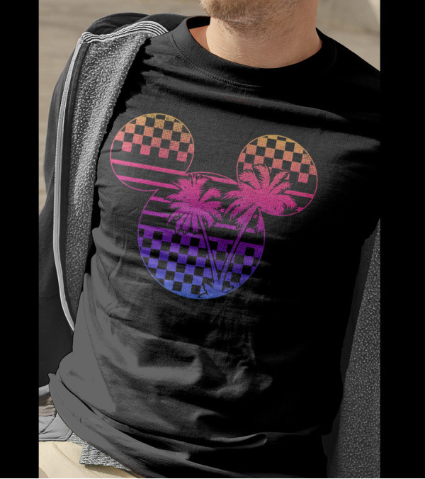 Disney Mickey And Friends Gradient Checkerboard Palm Trees T-Shirt