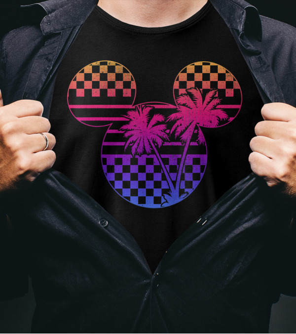 Disney Mickey And Friends Gradient Checkerboard Palm Trees T-Shirt