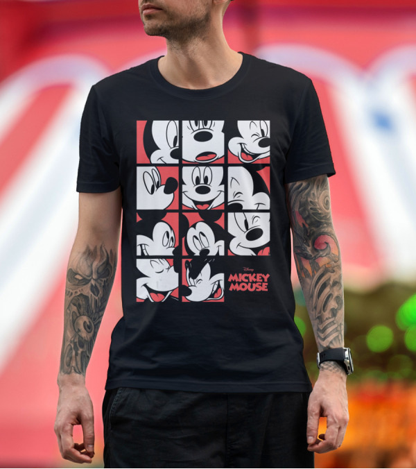 Premium T-Shirt: Disney Mickey Mouse Expressions Boxes Black Red Grid T-Shirt Disney Mickey Mouse Expressions Boxes Black Red Grid T-Shirt