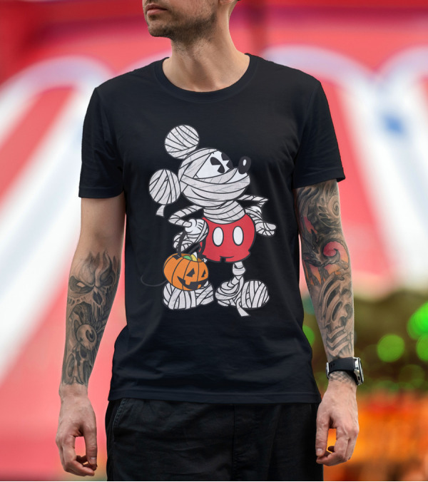Premium T-Shirt: Disney Mickey Mouse Halloween Glitter Mummy with Pumpkin Basket T-Shirt Disney Mickey Mouse Halloween Glitter Mummy with Pumpkin Basket T-Shirt