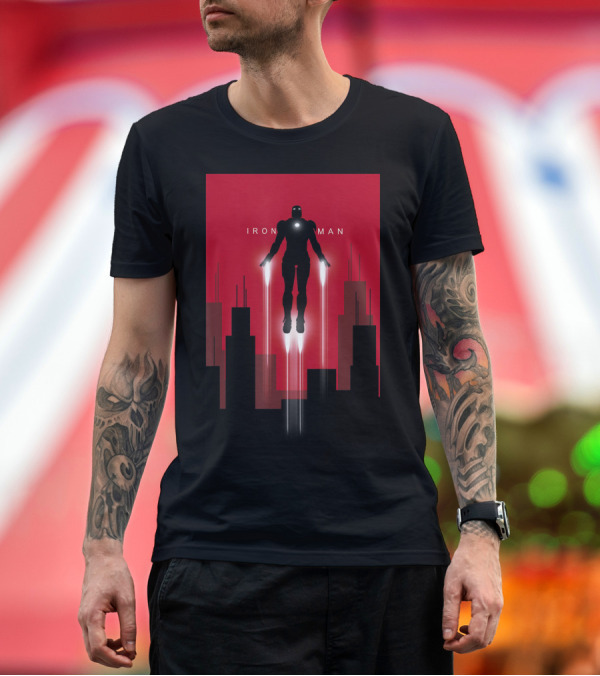 Premium T-Shirt: Marvel Iron Man In Flight Silhouette Over Red Cityscape T-Shirt Marvel Iron Man In Flight Silhouette Over Red Cityscape T-Shirt