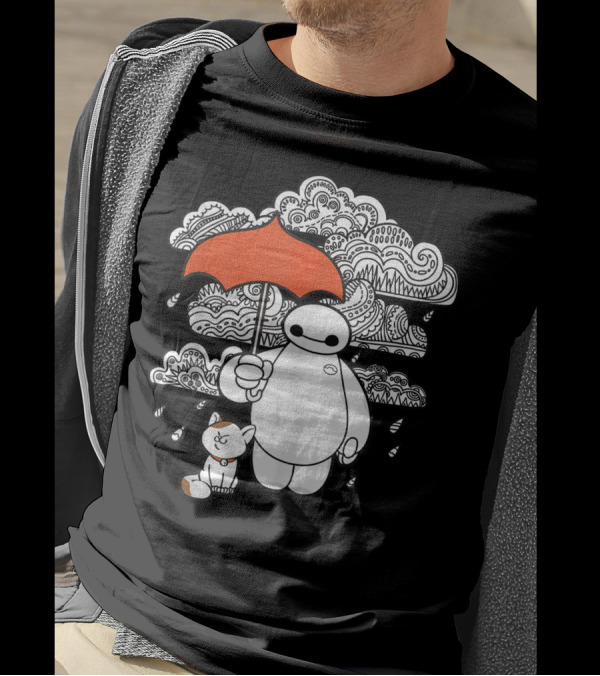 Disney Big Hero 6 Baymax And Mochi With Umbrella In Rain Clouds T-Shirt