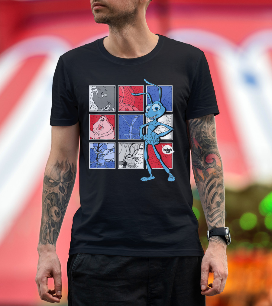 Disney Pixar A Bug's Life Flik and Characters in Red Blue Grey Squares T-Shirt