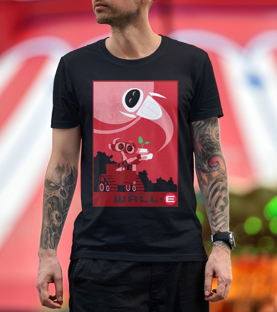Wall E and Eve Red Hue Poster with Disney Pixar Iconic Plant Discovery T-Shirt
