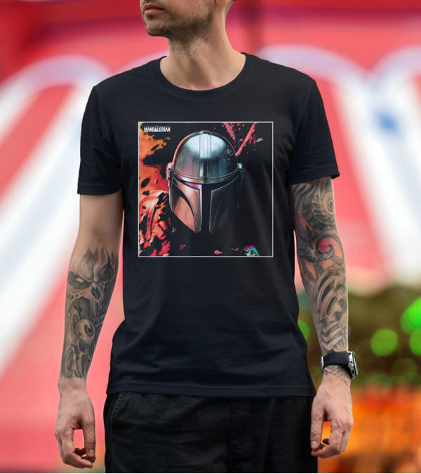 Premium T-Shirt: Star Wars The Mandalorian Helmet Vibrant Background T-Shirt Star Wars The Mandalorian Helmet Vibrant Background T-Shirt