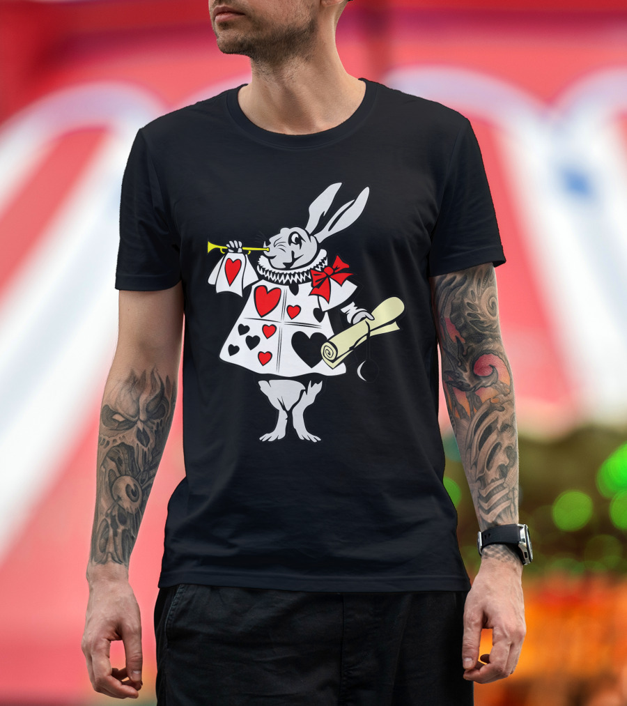 Alice in Wonderland Rabbit Trumpet Hearts Easter Bunny Playing Music T-Shirt