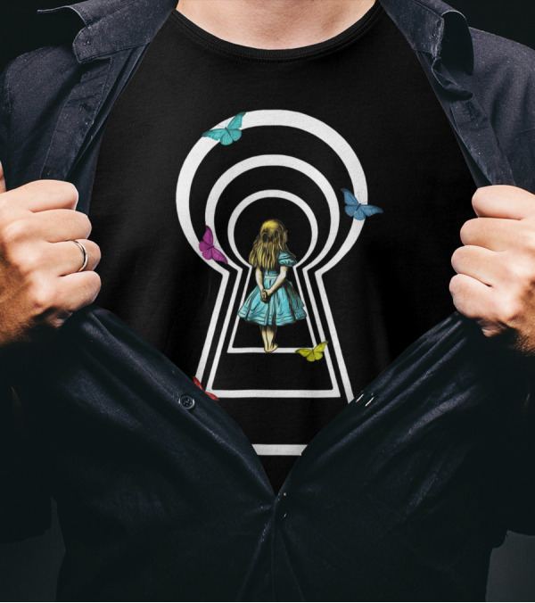 Alice In Wonderland Keyhole Portal With Colorful Butterflies T-Shirt