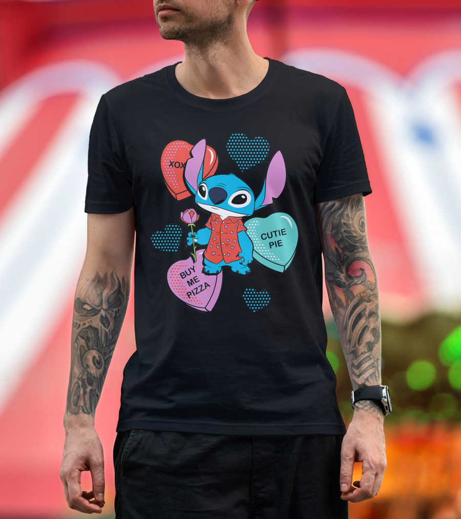 Disney Stitch XOXO Cutie Pie Buy Me Pizza Valentines Day Hearts T-Shirt