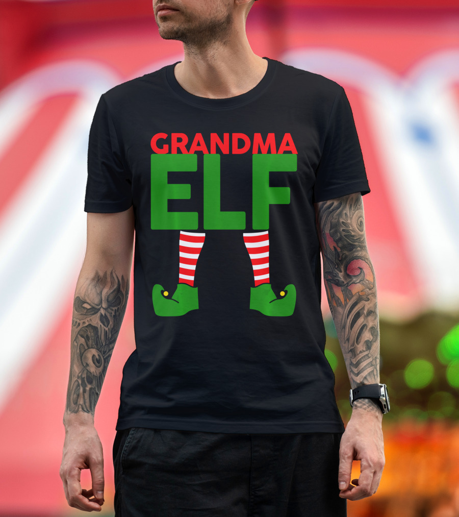 Grandma Elf Christmas Striped Stockings Green Shoes T-Shirt