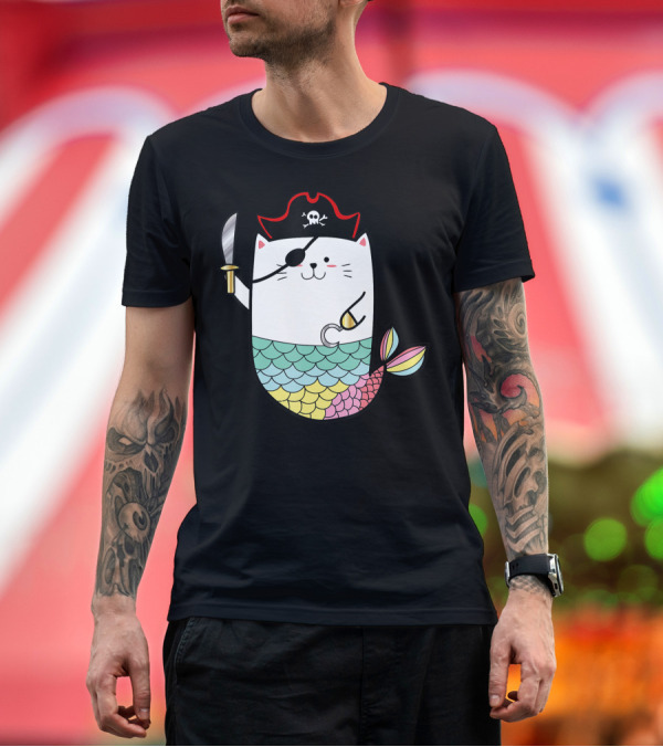 Premium T-Shirt: Halloween Cat Pirate Mermaid with Eyepatch and Hook Tail T-Shirt Halloween Cat Pirate Mermaid with Eyepatch and Hook Tail T-Shirt