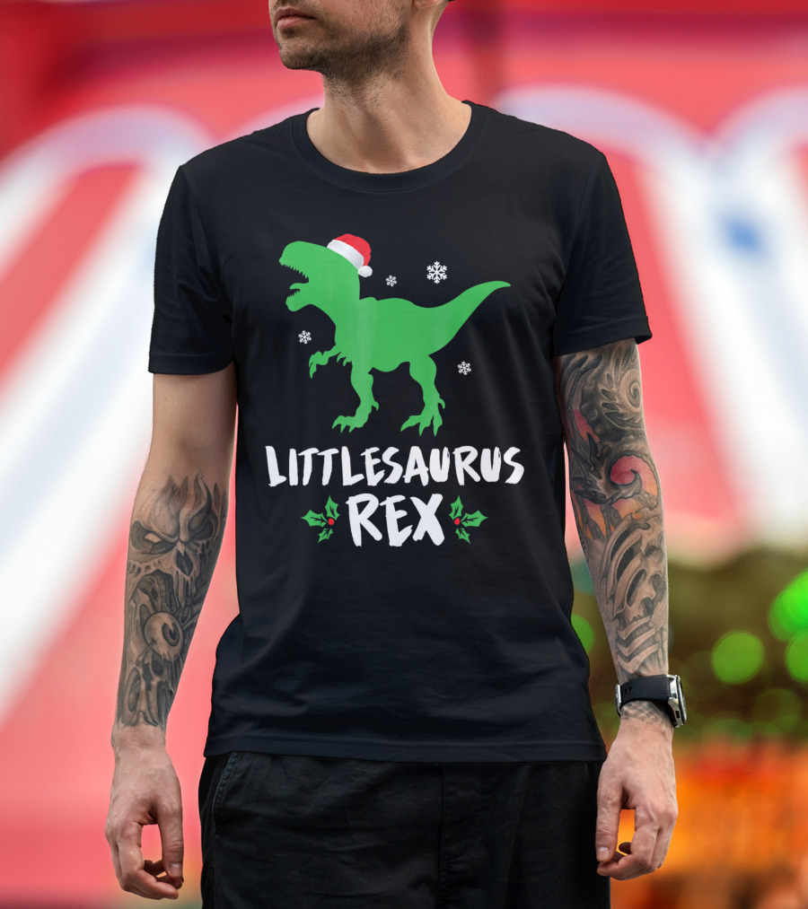 Littlesaurus Rex Family Christmas Dinosaur with Santa Hat and Snowflakes T-Shirt