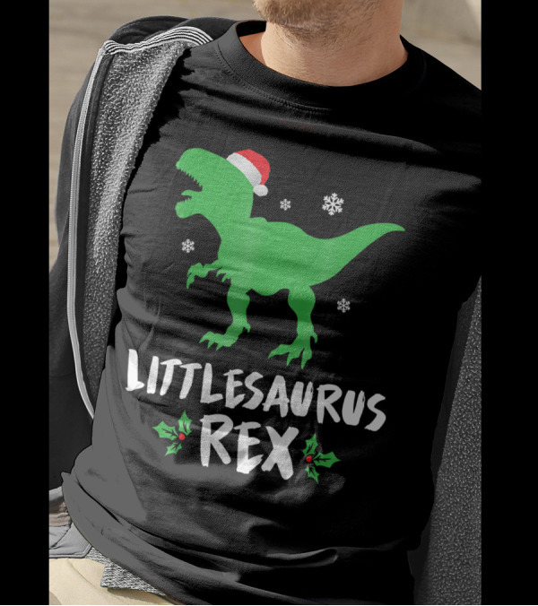 Littlesaurus Rex Family Christmas Dinosaur With Santa Hat And Snowflakes T-Shirt