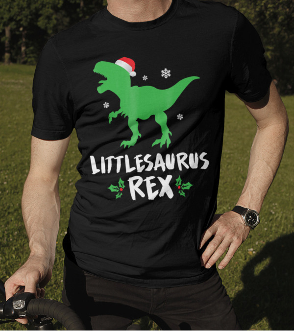 Littlesaurus Rex Family Christmas Dinosaur With Santa Hat And Snowflakes T-Shirt