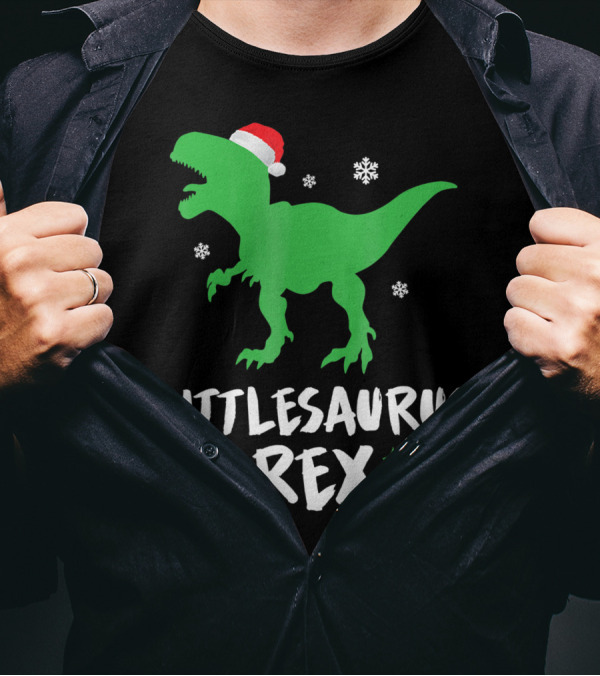 Littlesaurus Rex Family Christmas Dinosaur With Santa Hat And Snowflakes T-Shirt