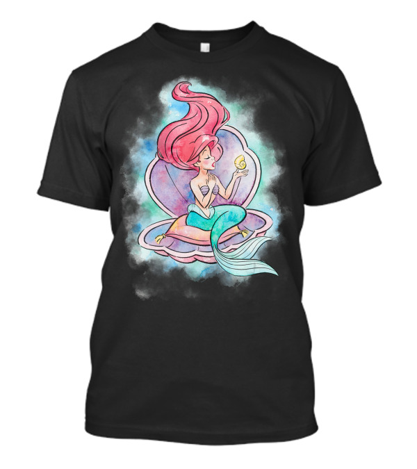 Disney Little Mermaid Ariel Sitting In Watercolor Seashell T-Shirt