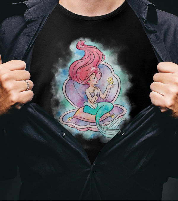 Disney Little Mermaid Ariel Sitting In Watercolor Seashell T-Shirt