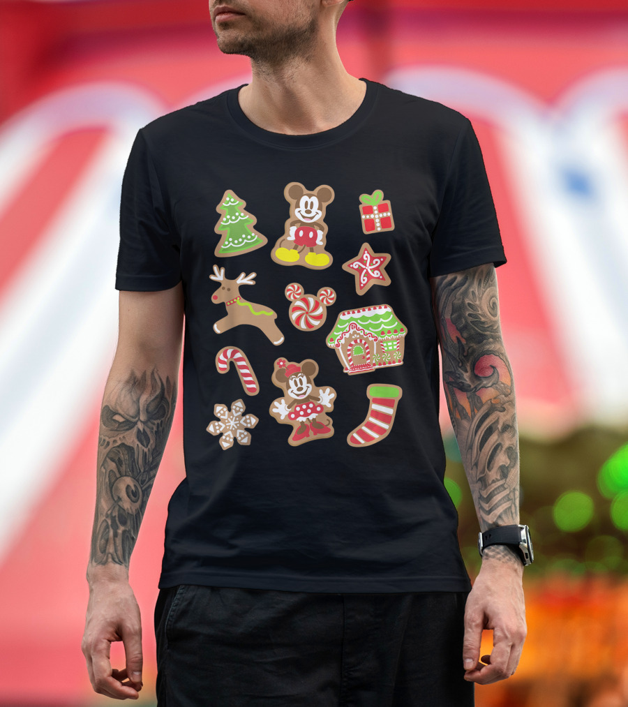 Disney Mickey Minnie Christmas Gingerbread Cookies Tree Reindeer Candy Cane House T-Shirt