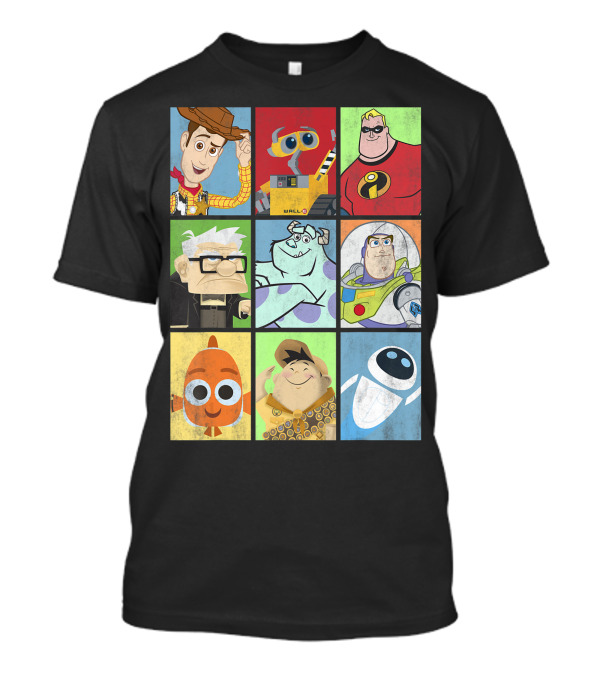 Disney Pixar Movie Icons Woody Wall-E Mr. Incredible Carl Sulley Buzz Nemo Russell Eve T-Shirt
