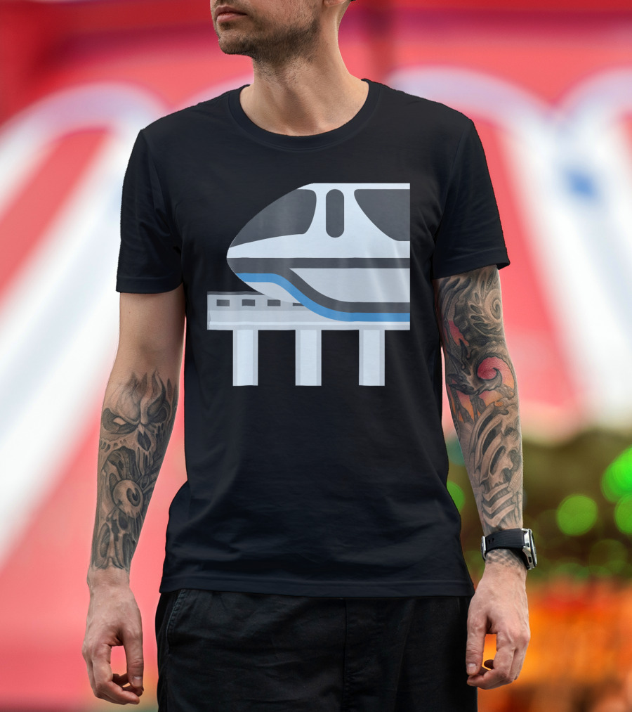 Monorail Train Iconic Side View Blue and Gray Striping Elevated Track T-Shirt