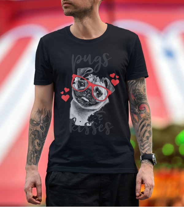 Premium T-Shirt: Pugs and Kisses Red Glasses Cute Pug with Red Hearts Valentines T-Shirt Pugs and Kisses Red Glasses Cute Pug with Red Hearts Valentines T-Shirt
