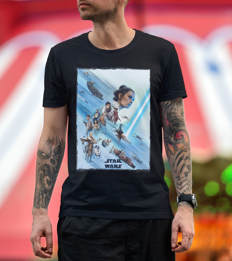 Star Wars The Rise Of Skywalker Rey Millennium Falcon X-Wing R2-D2 Finn Poe Chewbacca C-3PO Characters T-Shirt