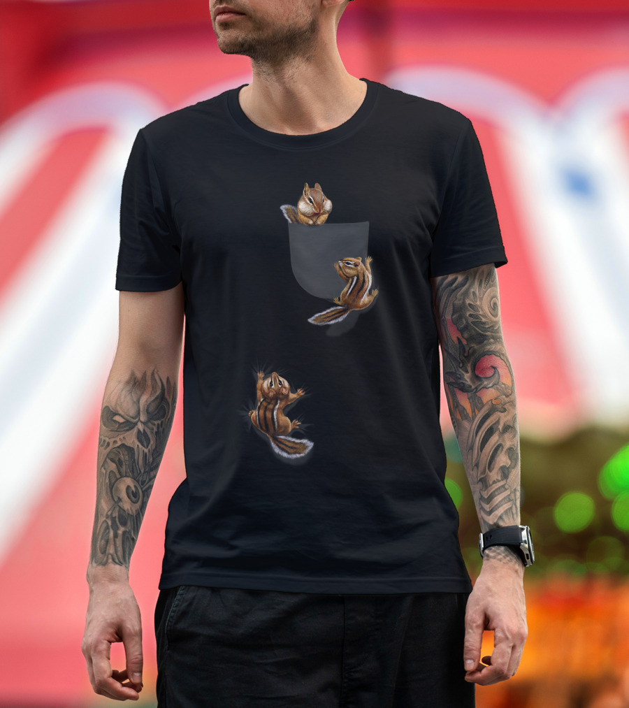 T Cute Squirrel Climbing Playing in Pocket Chipmunk T-Shirt