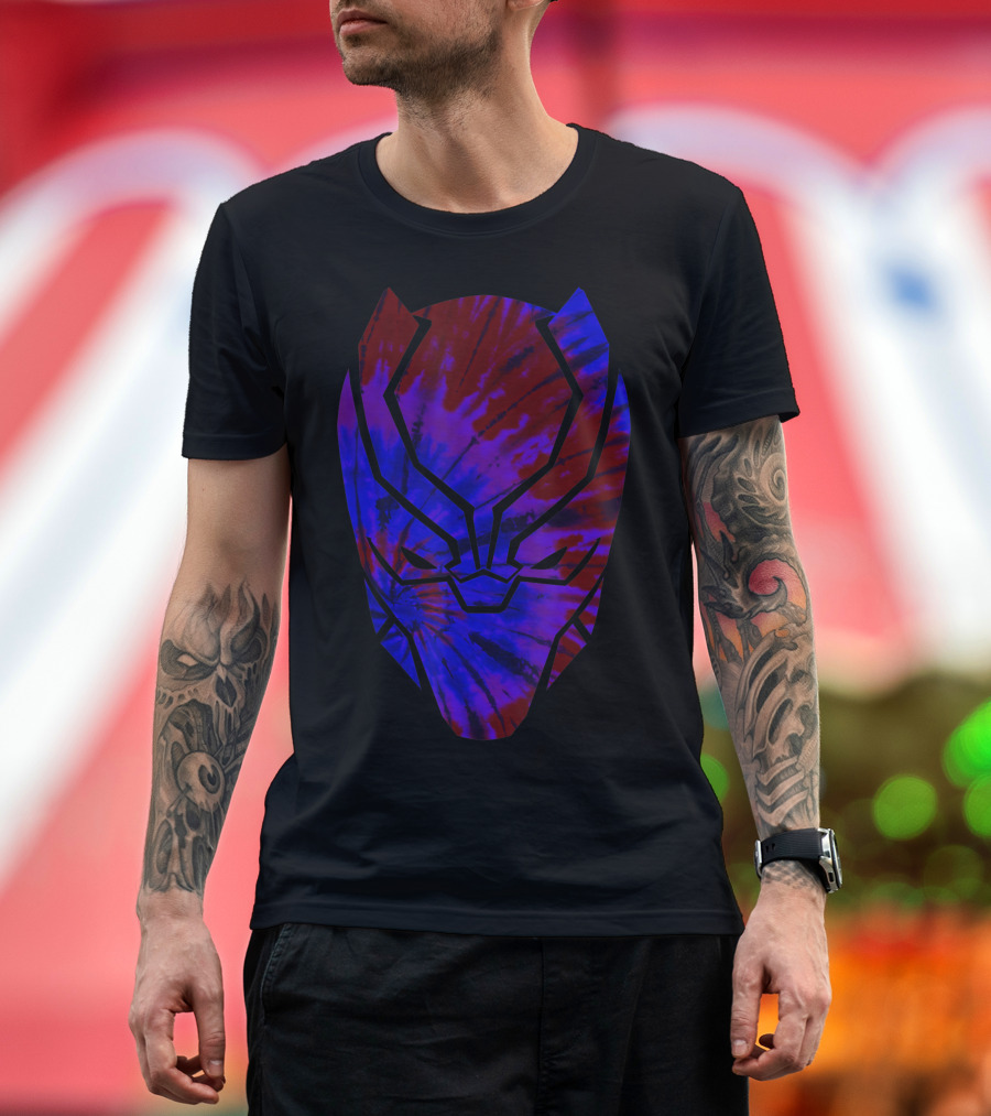Marvel Avengers Black Panther Tie Dye Mask Design in Blue and Red T-Shirt