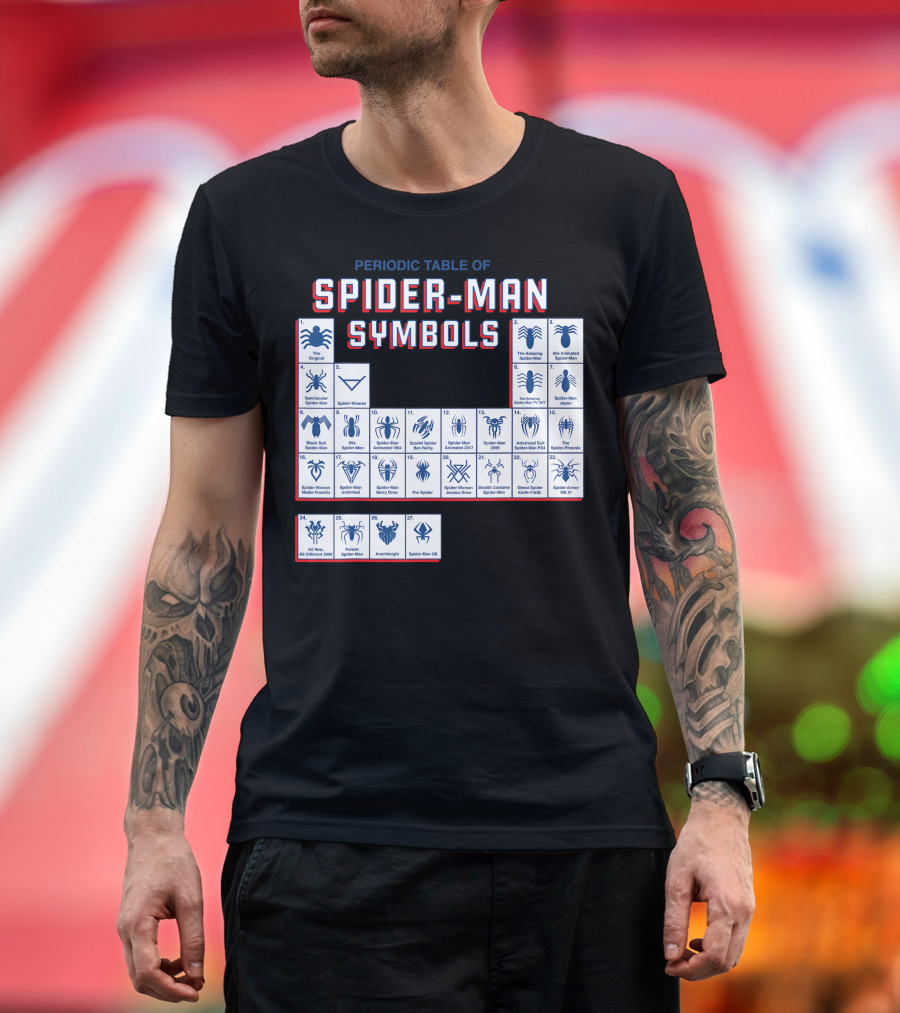 Periodic Table of Spider-Man Symbols Featuring Original Scarlet and Iron Variants T-Shirt