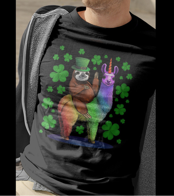 Leprechaun Sloth On Rainbow Llama Unicorn St Patricks Day Clover Background T-Shirt