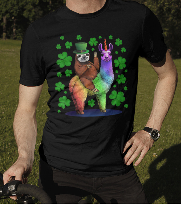 Leprechaun Sloth On Rainbow Llama Unicorn St Patricks Day Clover Background T-Shirt